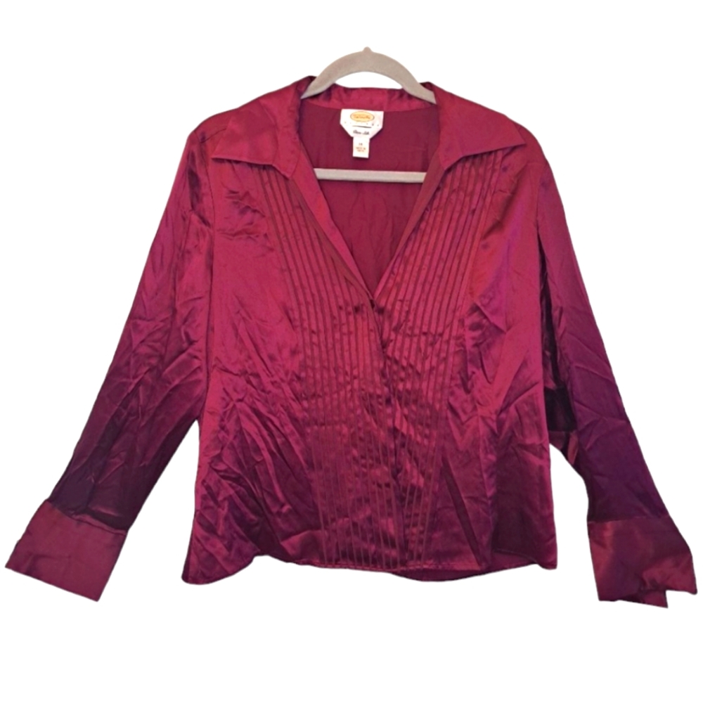 Talbots 100% Silk Pleated Button Down Blouse Size 14 Petite